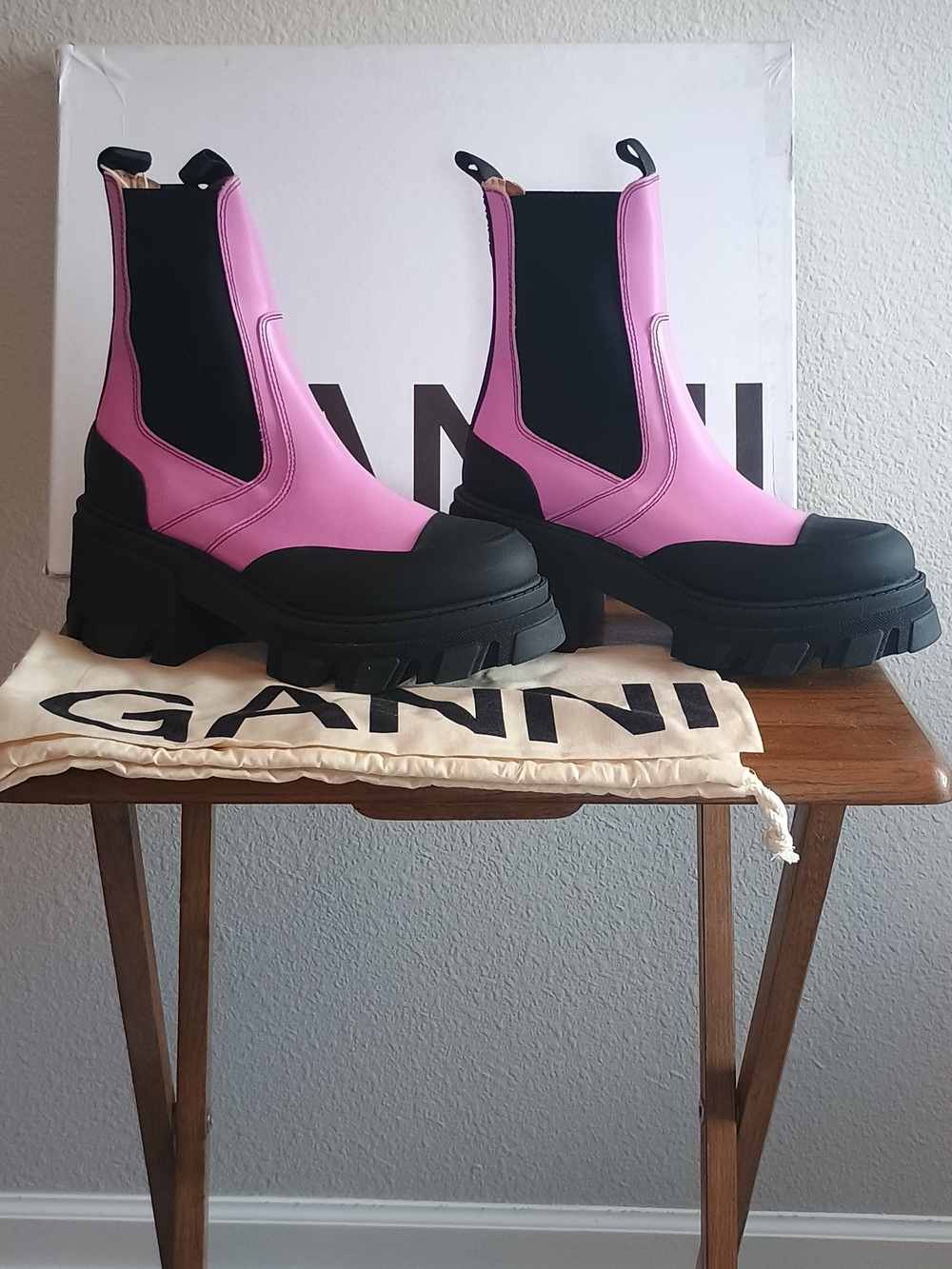Ganni Pink and Black Chunky Chelsea Ankle Boots